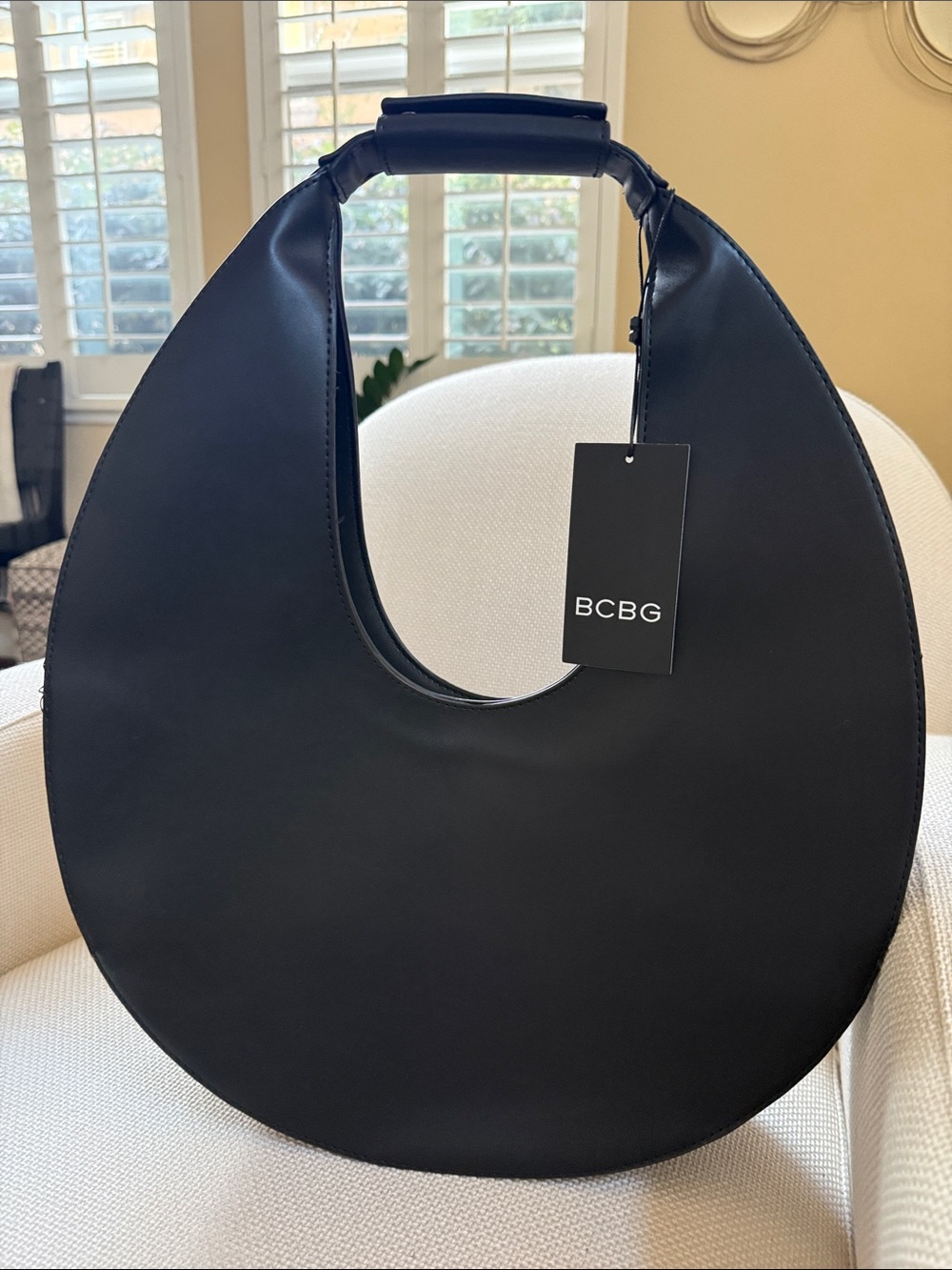 NWT BCBG Black Crescent Faux leather designer Shoulder Bag with Top Handle